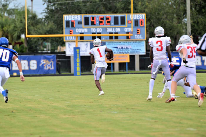 2025 4-star ILB Ty Jackson returning an interception for a touchdown during his junior season at Seminole Ridge High School. (Photo courtesy of Alex Peterman of the Special to The Post)